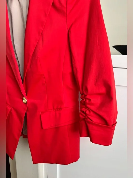 bebe Bright Red Single-Button Ruched-Sleeve Blazer - Picture 2 of 7